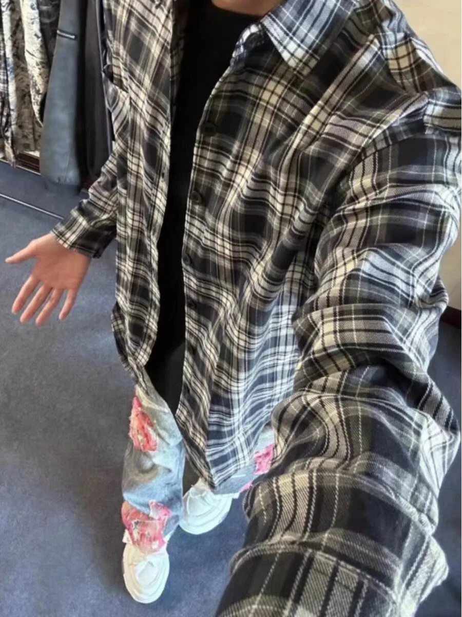 

Loose Plaid Long Sve irt Men's Autumn Winter 2025 Casual Comfortable Fce Lined Coat Turn-down Collar Youth Faion