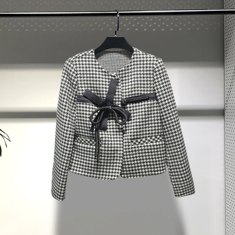 

Двустороннее шерстяное клетчатое пальто для женщин Sweet Sle round Ne ort Length с застежкой на одной пуговице Long Sve Winter Faion