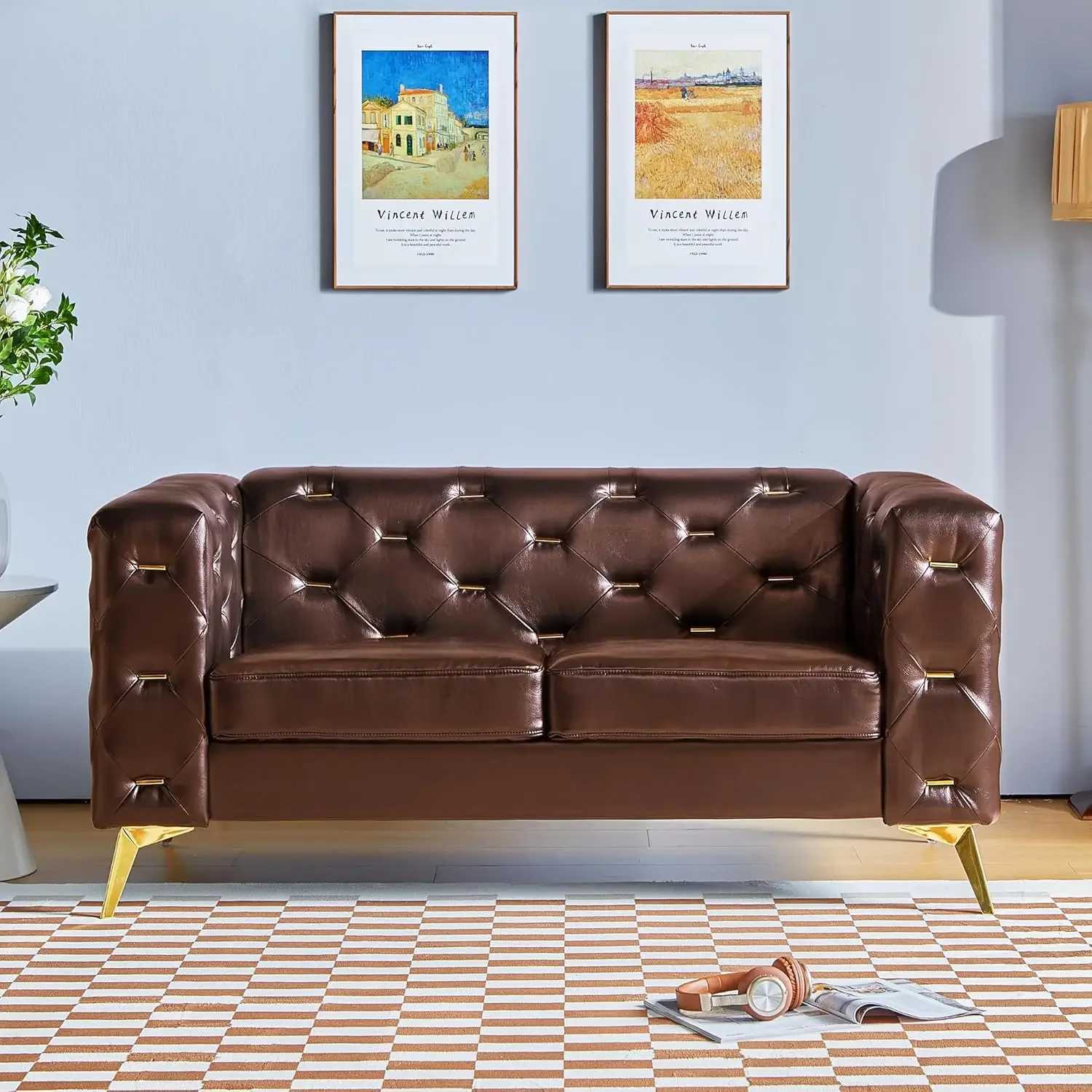 Modern 2-seater style sofa, faux leather sofa with square armrests and metal cluster buttons, for living room and office