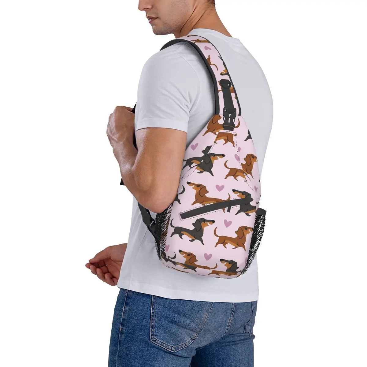 Dachshund Wiener Sausage Doxie Dog Lover Small Sling Bag Chest Crossbody Shoulder Backpack Hiking Travel Daypack Pattern Satchel