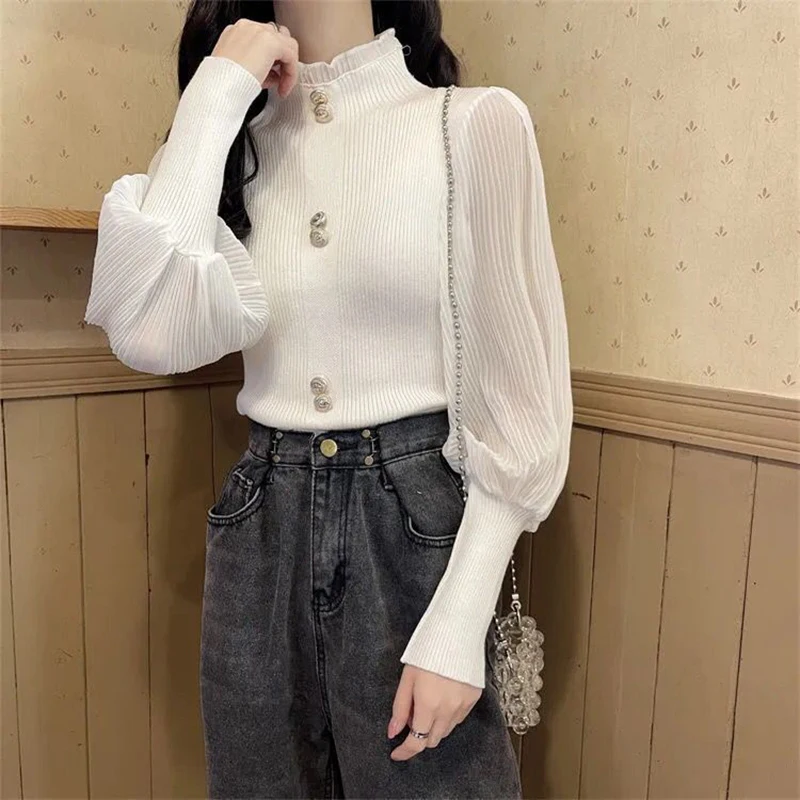 Gidyq Women Cropped Knitted Sweater Fashion Korean Designed Button Bottoming Shirt Elegant Female Casual Pullover Top Spring New