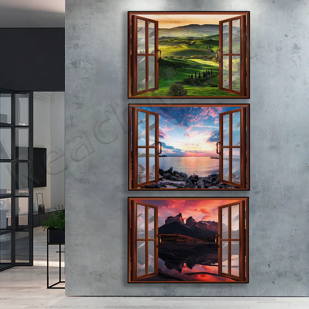 

Window Mountain View, Window Field View, Window Sunset View Canvas Wall Art Design Poster Decor Printing