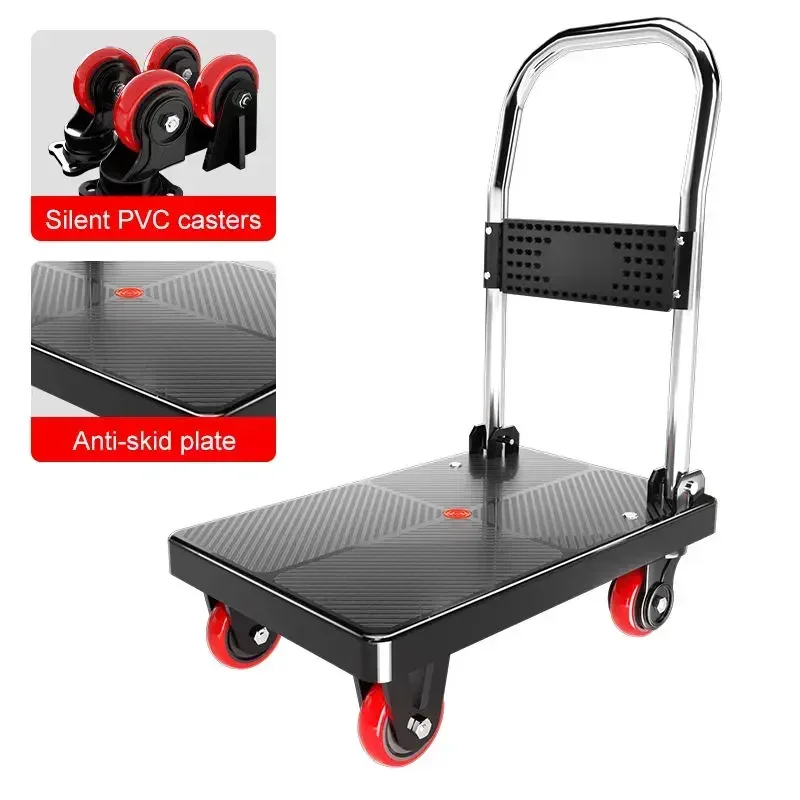 Platform Hand Truck, 60*40cm, 100kg, Three-inch Wear-resistant Wheels, Foldable Four-wheeled Cargo, Warehouse and Home Use