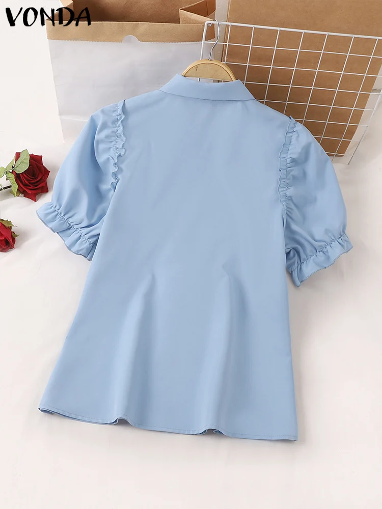 VONDA Tunic Fashion Tops Women Summer Shirts 2024 Casual Solid Color Blouses Short Puff Sleeve Lapel Loose Elegant Blusas Femme