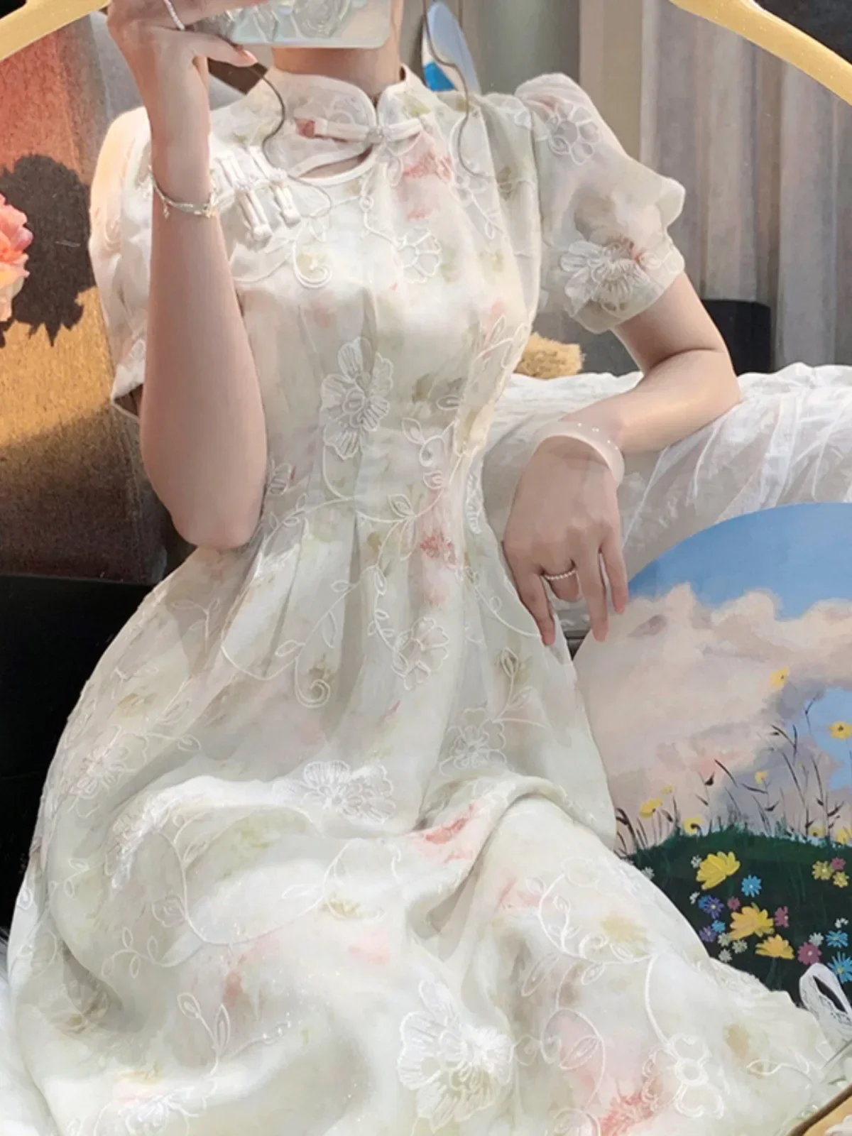 

Новинка 2023, улучшенное платье Cheongsam в китайском стиле, летнее женское модное платье принцессы с пышными рукавами, бежевое, от S до XXL