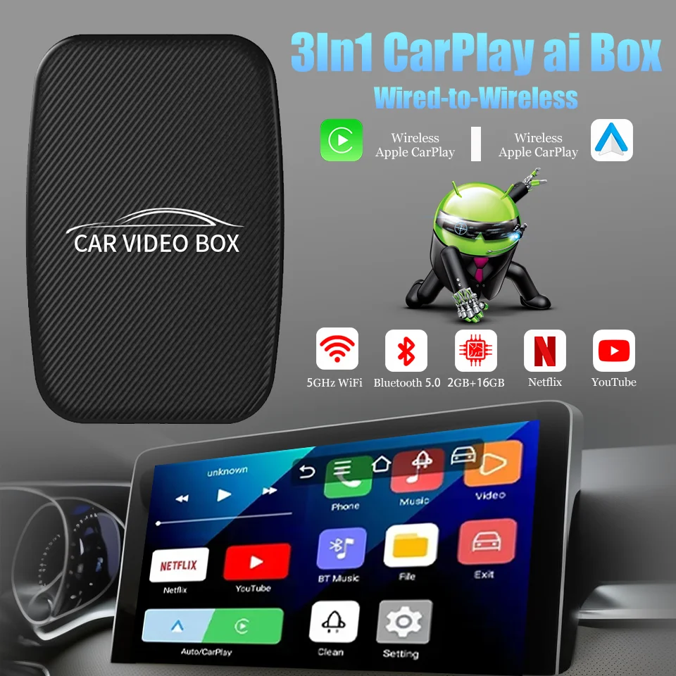 Новый мини-Carplay Ai Box Android 12.0 Smart Multimedia Box Беспроводной адаптер Android Auto и Apple CarPlay Встроенный Netflix YouTube