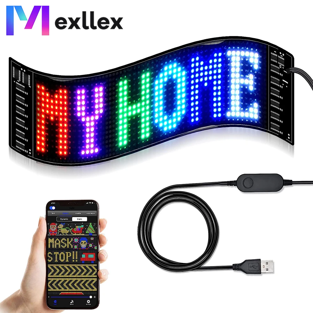 Mexllex RGBIC Scrolling Bright Advertising LED Signs, Flexible USB 5V module Bluetooth App Control Custom Text Pattern for Car