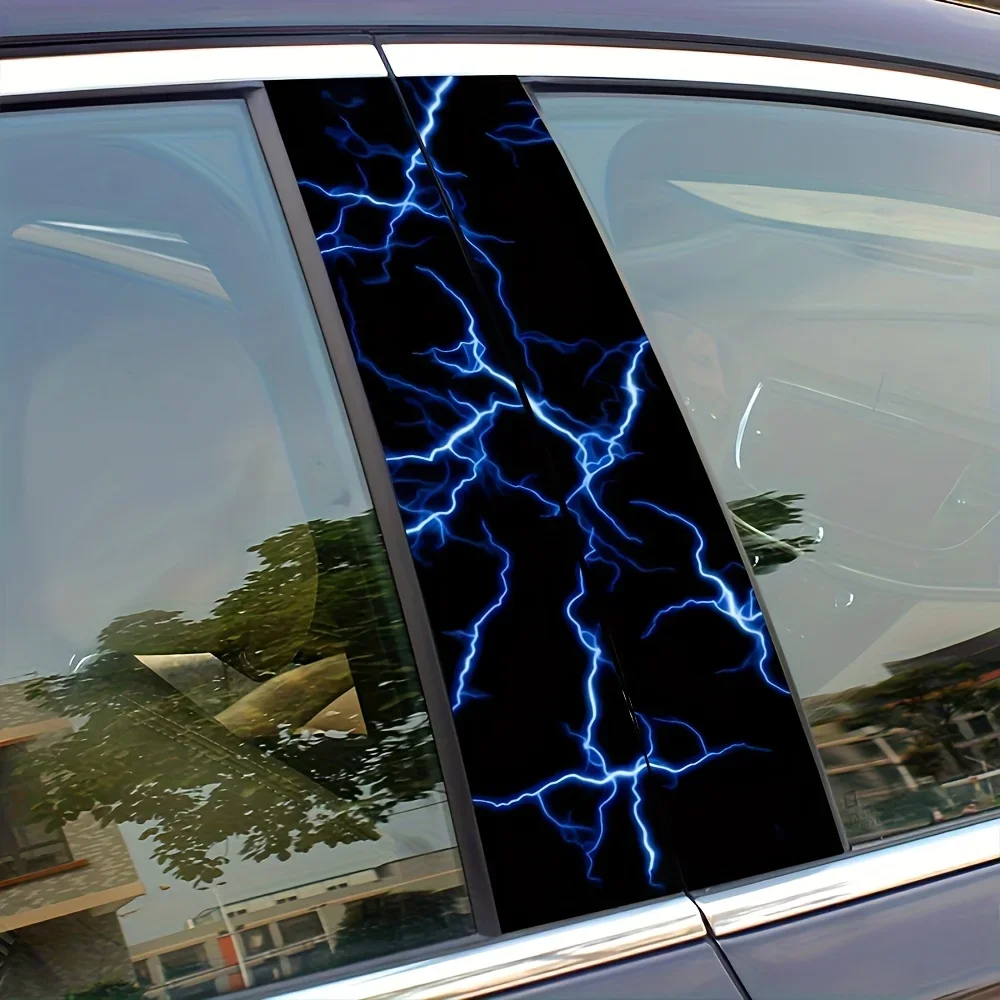 

2-компонентный водонепроницаемый солнцезащитный крем для автомобиля, наклейка на стойку B, прочный винил, полуматовый эффект, 2D синий молниеносный узор, солнцезащитный клей