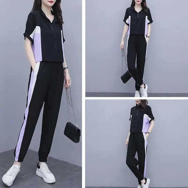 Women\'s 2024 Summer New Fashion Loose Stand Collar Batwing Sleeve Trendy T-Shirts High-waisted Pants Casual Sporty Matching Sets