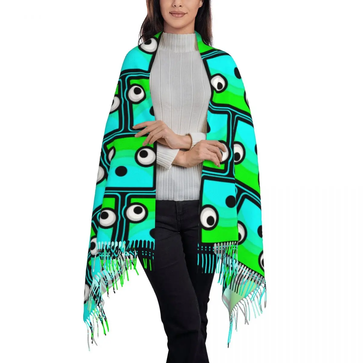 Video Game Geometry Dash Scarf Tassel Scarves for Women Soft Warm Shawls and Wraps Large Fall Winter Shawl Wrap