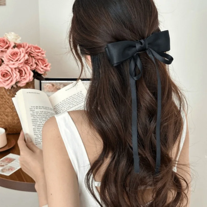 

1pc Satin Bow Ribbon Spring Clip French Style Back of Head Hair Pin for Women High Ponytail Bun Holder Chic Daily Wear