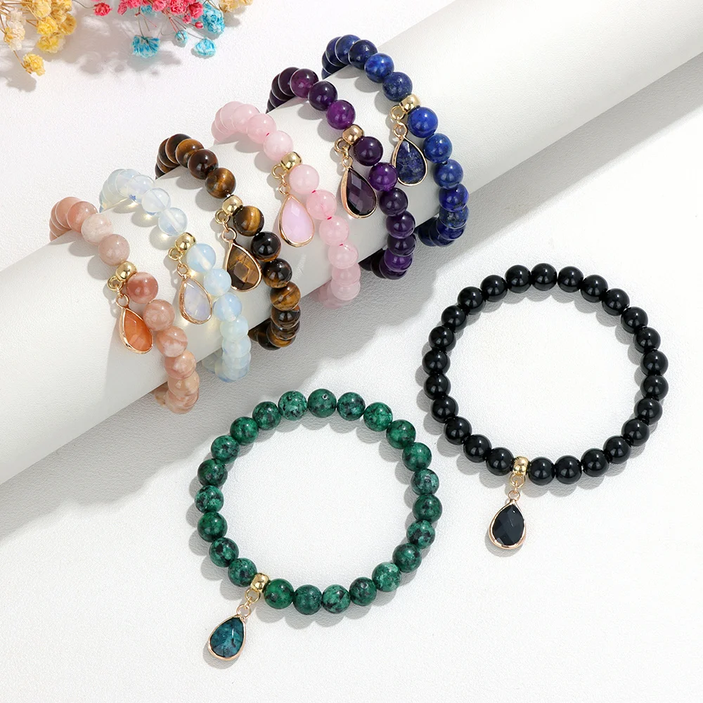 High Quality Natural Sun Stone Bracelet 8mm Healing Quartz Crystal Beads Water Drop Pendant Bracelets for Women Men Jewelry Gift