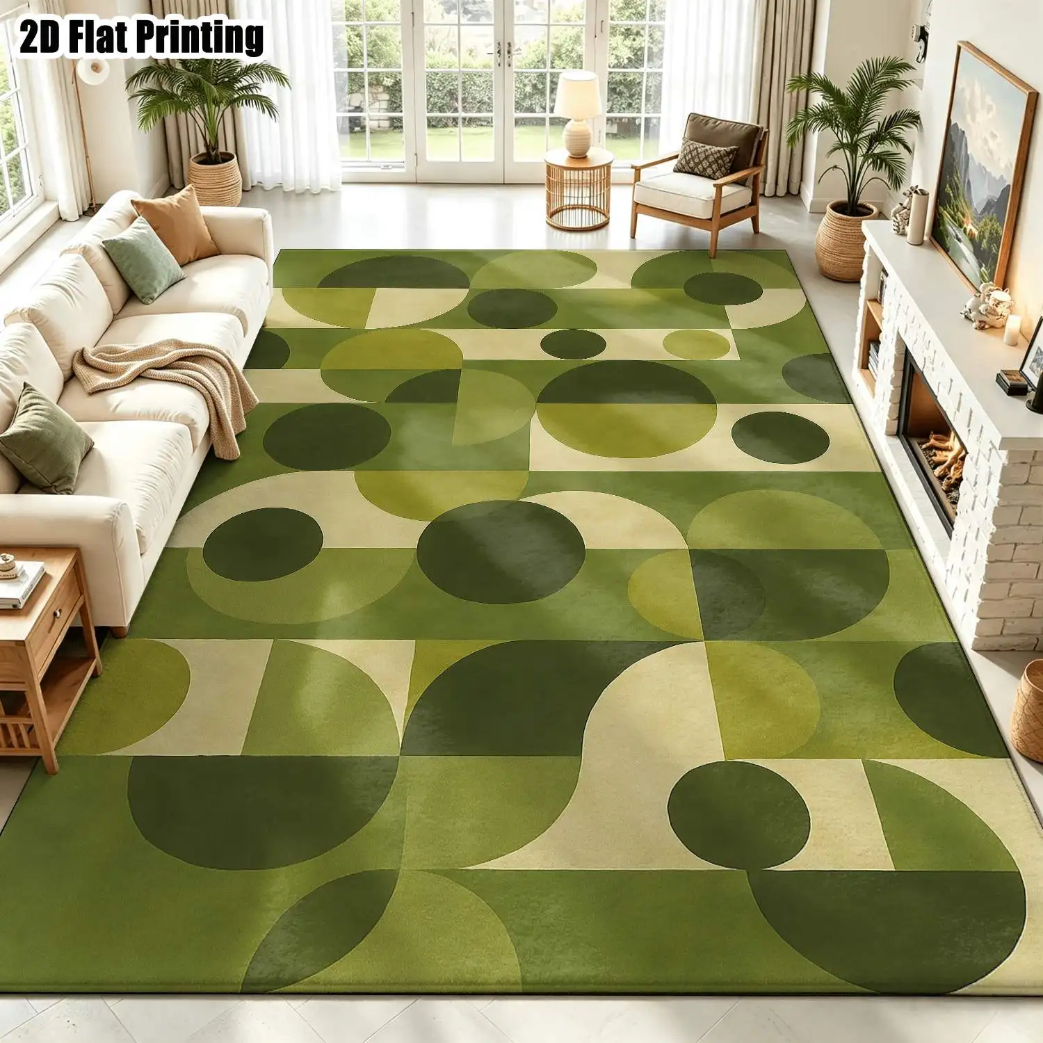 1Pc 2D Printed Retro Green-Gray Geometric Nordic/Instagram-Style Carpet, Modern Minimalist Vintage Home Decor Floor Mat, Multi-Size, Machine Washable, for Entrance/Dining/Foyer/Bedroom/Living Room