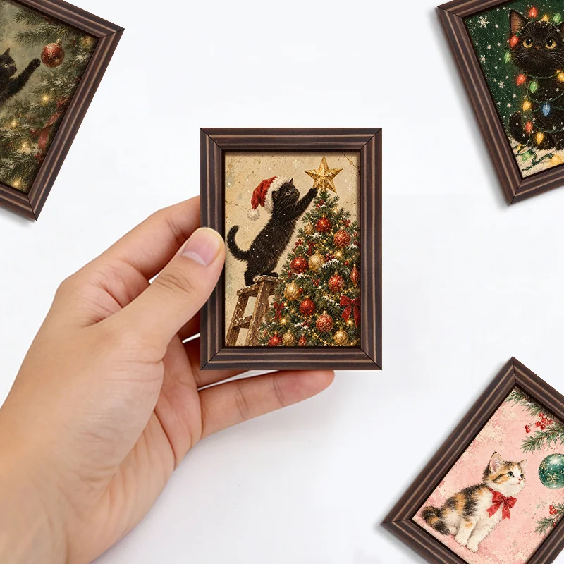 4Pcs Vintage Christmas Cat Wooden Fridge Magnets, Cute Black Kitten Christmas Tree & Tangled String Lights Design Refrigerator