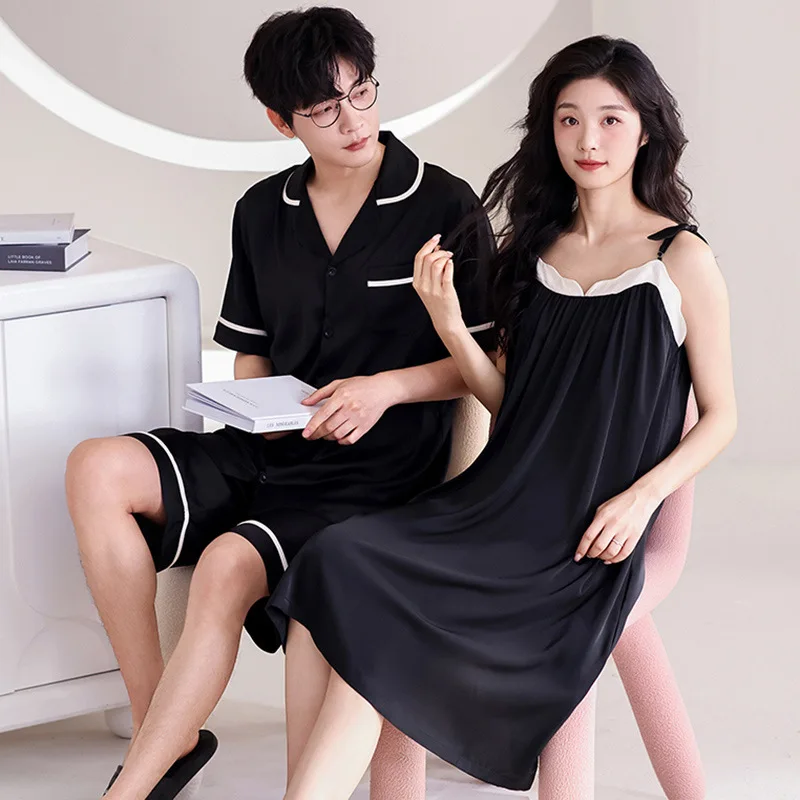 Couple Pajamas Women Summer Nightdress Men's Cardigan Short sleeve Pijamas Suit Young Boy Girl Homewear 2024 Ice Silk Loungewear