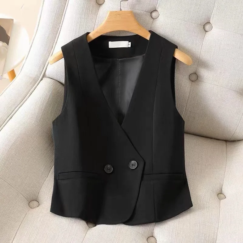 #5105 Spring Summer Short Suits Vest Women Buttons Black Khaki Vest Waistcoat Female Outerwear Blazer Vest Coat Korean Style