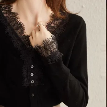 Elegant Lace Trim V Neck Knit Sweater Women Ruched Waist Button-Up Long Sleeve Jumpers Lady Soft Stretchy Fashion Short Pullover 5