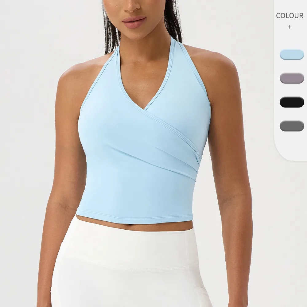 

Женская одежда для йоги, жилет с лямкой на шее, v-образный вырез, телесный быстросохнущий спортивный жилет для фитнеса и бега, топ
