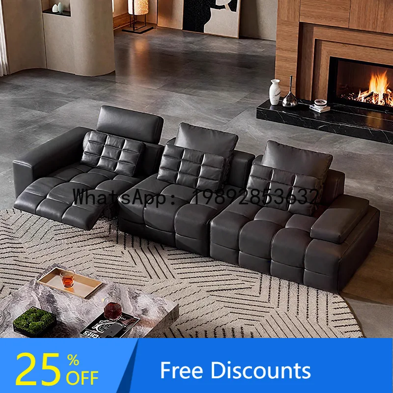 LYY Functional Sofa for Large Living Rooms, Genuine Leather Electric Sofa with Side Table, Straight Row