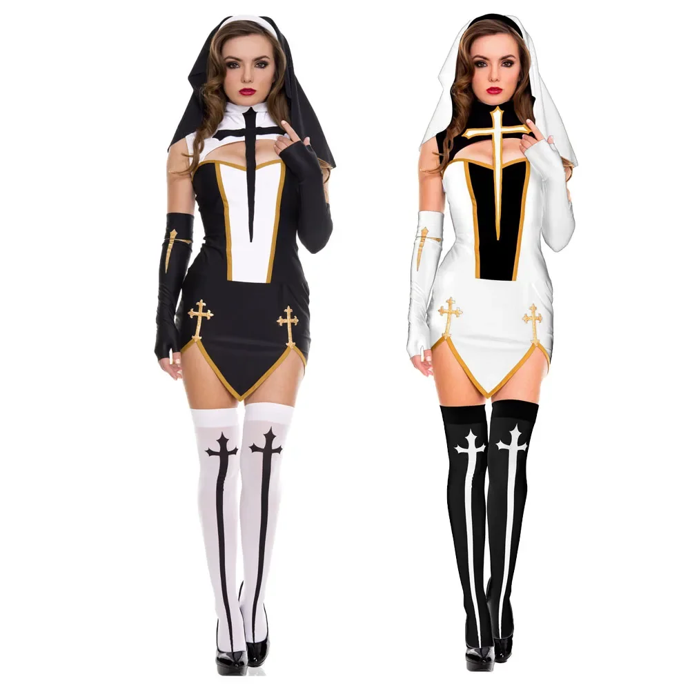 Women Sexy Bad Habit Nun Costume Christian Missionary Fancy Dress Thigh Highs Stockings