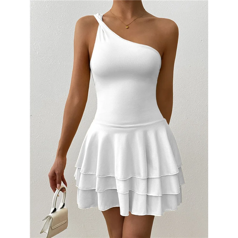【SEE】Mini abito da donna a trapezio senza maniche con volant arricciato e monospalla