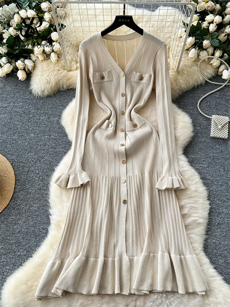 SINGREINY Autumn Office Lady Long Dress Women Winter V Neck Long Sleeves Chic Button Ruffles 2024 Sweet Streetwear Knitted Dress