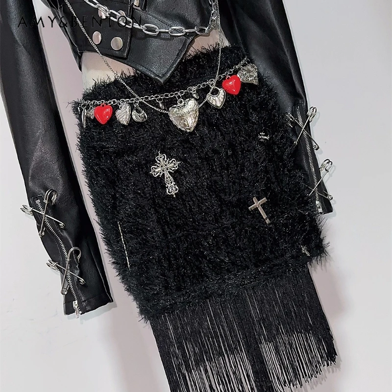

Готическая темная Y2K горячая девушка субкультура металлическая подвеска женская облегающая юбка осенняя новинка панк черная цепочка с кисточками полуюбки женские