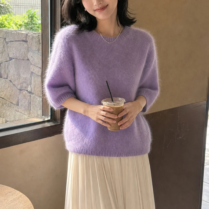 Spring And Autumn New 100% Pure Wool Women's Round Neck Short Sleeve Color Matching Sweater Loose Knit Bottoming Shirt