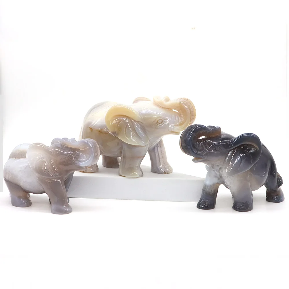 

Elephant Statue Natural Stone Gray Agate Geode Crystal Carved Reiki Healing Gemstone Animal Figurine Handicraft Home Decoration