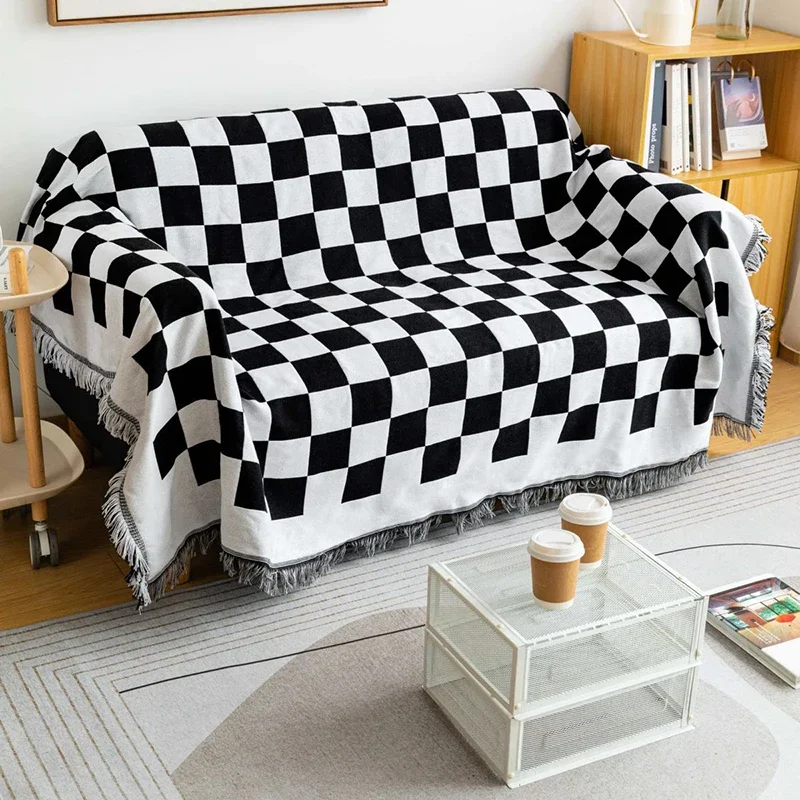 

180x130cm Black and White Plaid Throw Blanket for Sofa Cover Bed Woven Cotton Bohemian Tapestry Camping Blankets Pinnic Outdoor