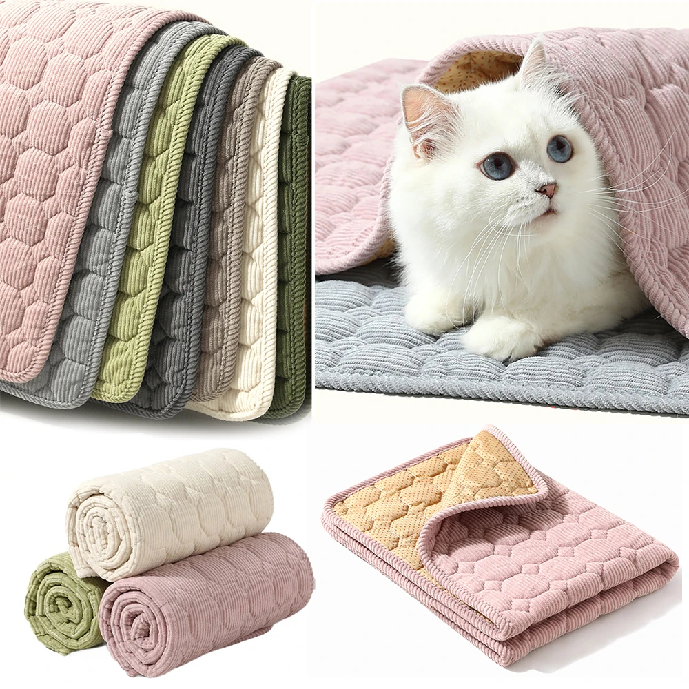 Warm Corduroy Dog Bed, Fluffy Plush Reversible Pet Mat for Winter, Foldable Travel Crate Pad for Cats and Dogs, Soft Fleece