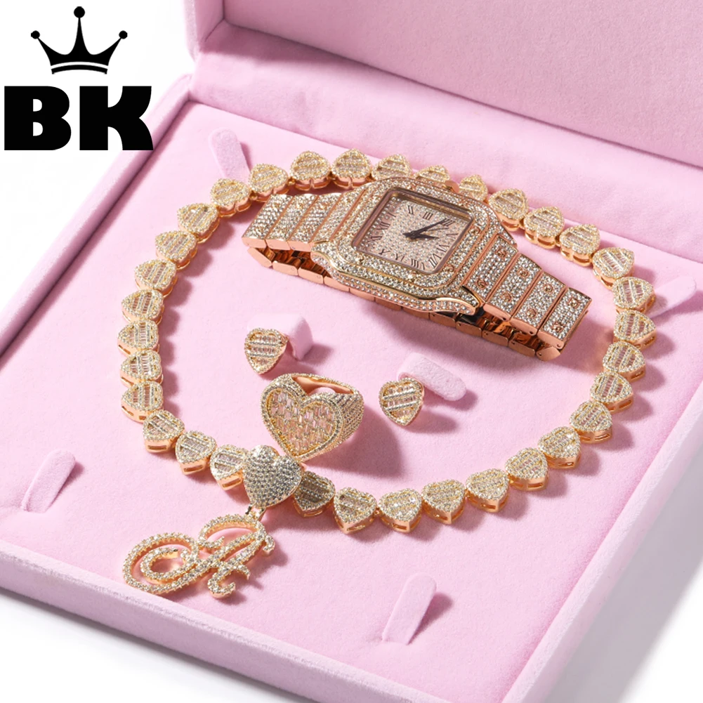 

THE BLING KING Square Watch Set Iced Out Cubic Zirconia Heart BaguetteCZ Ring Earring Initial Letter Pendant Jewelry For Women