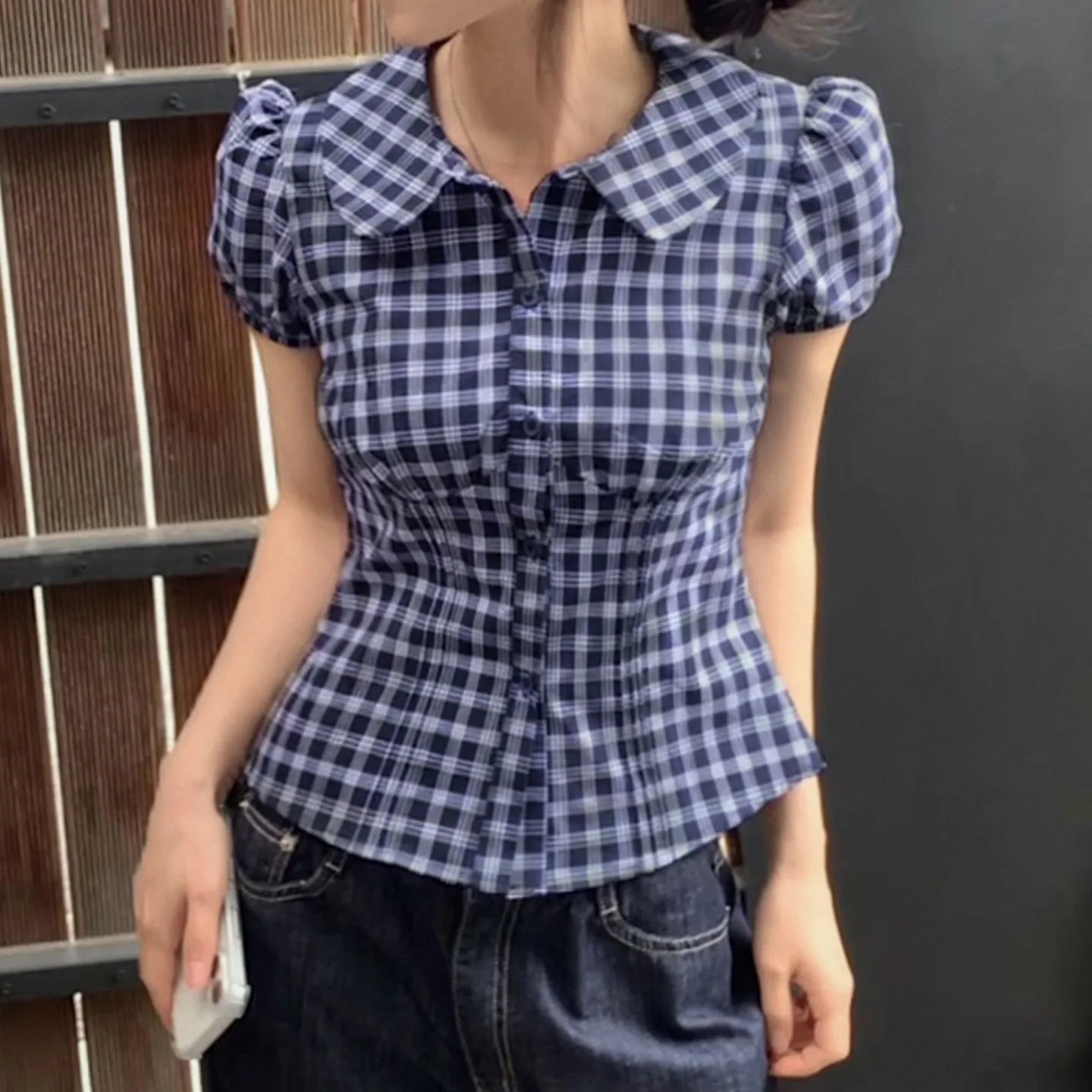 

European and American style retro blue plaid short-sleeved waist shirt women's puff sleeves feel foreign lapel top