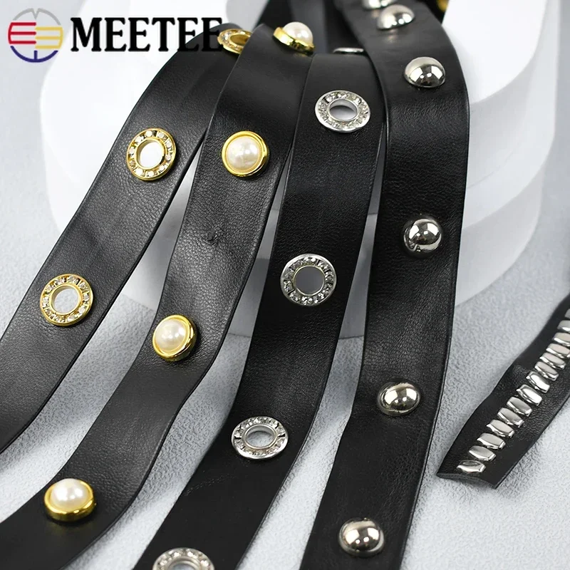 2-20M 10-20mm Rivet PU Leather Ribbon For Sewing Bag Punk Eyelets Band Rope Collar Decor Cord DIY Garment Material Accessories