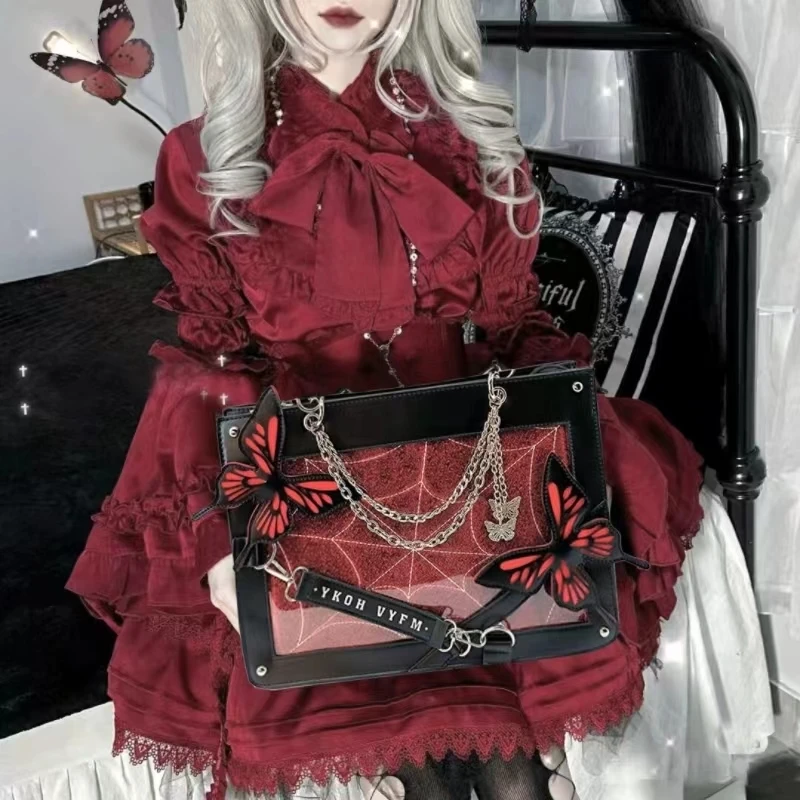 Y2K laberinto mariposa telaraña letra cadena bolsos DIY transparente Ita bolso gótico Lolita bolso de hombro de moda Vintage