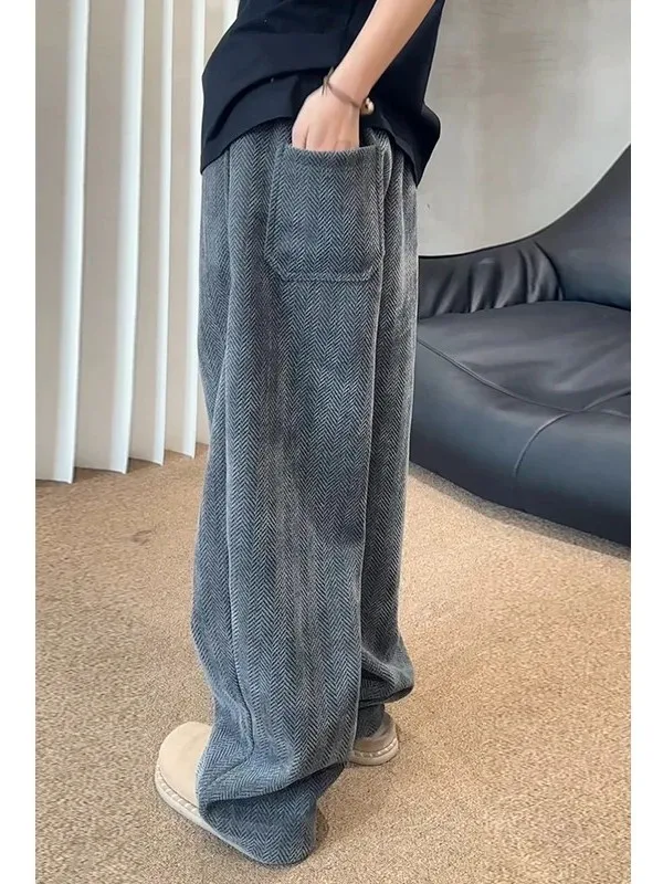 

Deep ey Gingham Blade Wide Leg Pants Men's Autumn American Retro Texture Straight Cut Casual Trousers for Men