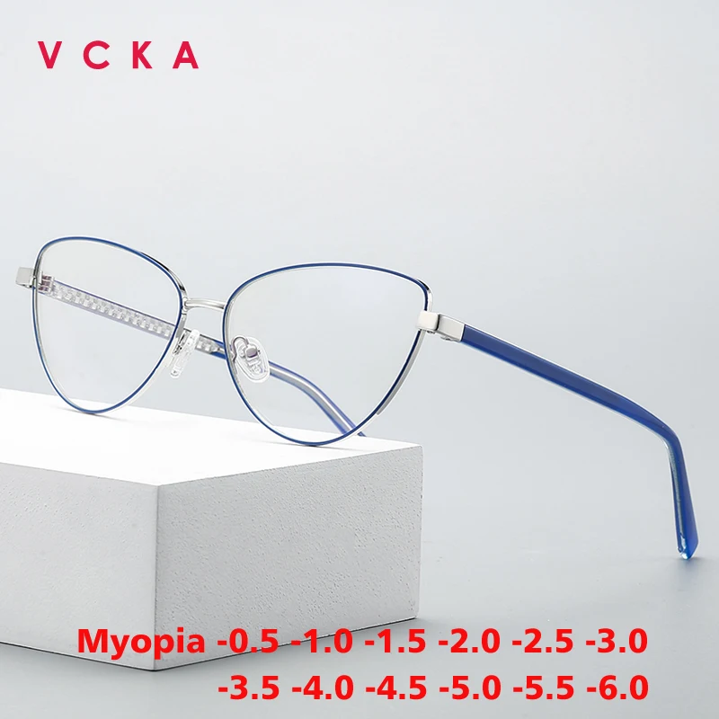 

VCKA Cat Eye Myopia Glasses Frame Fashion Metal Discoloration Women Anti Blue Light Prescription Optics Eyewear -0.50 TO -10