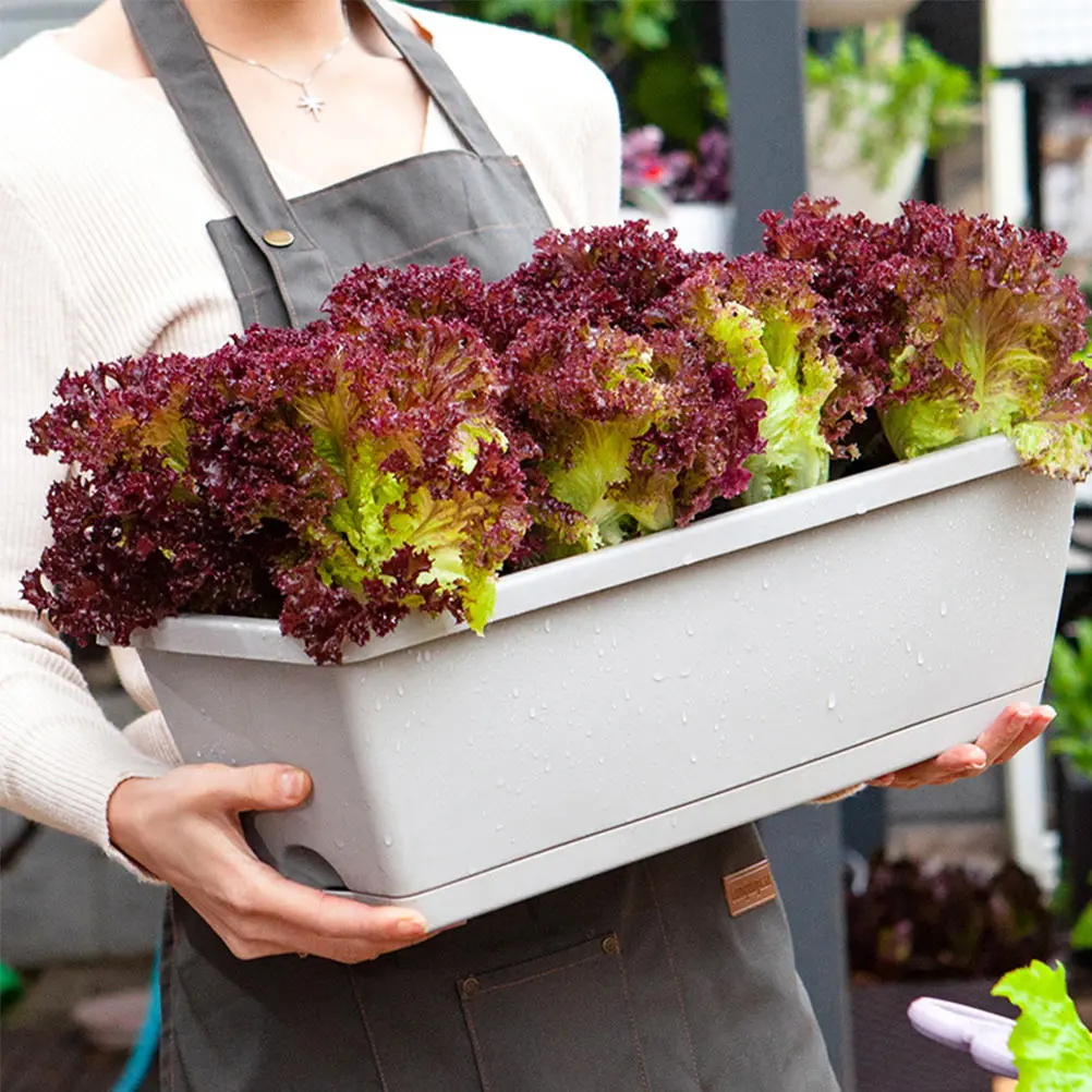 

1pc Rectangular Resin Plant Basin Thickened Light Grey Large Vegetable Planting Pots Breathable Flowerpot Garden Gifts