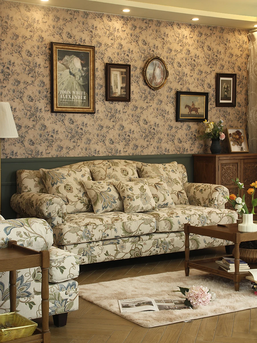 

American rural removable sofa floral jacquard living room retro style furniture three people single