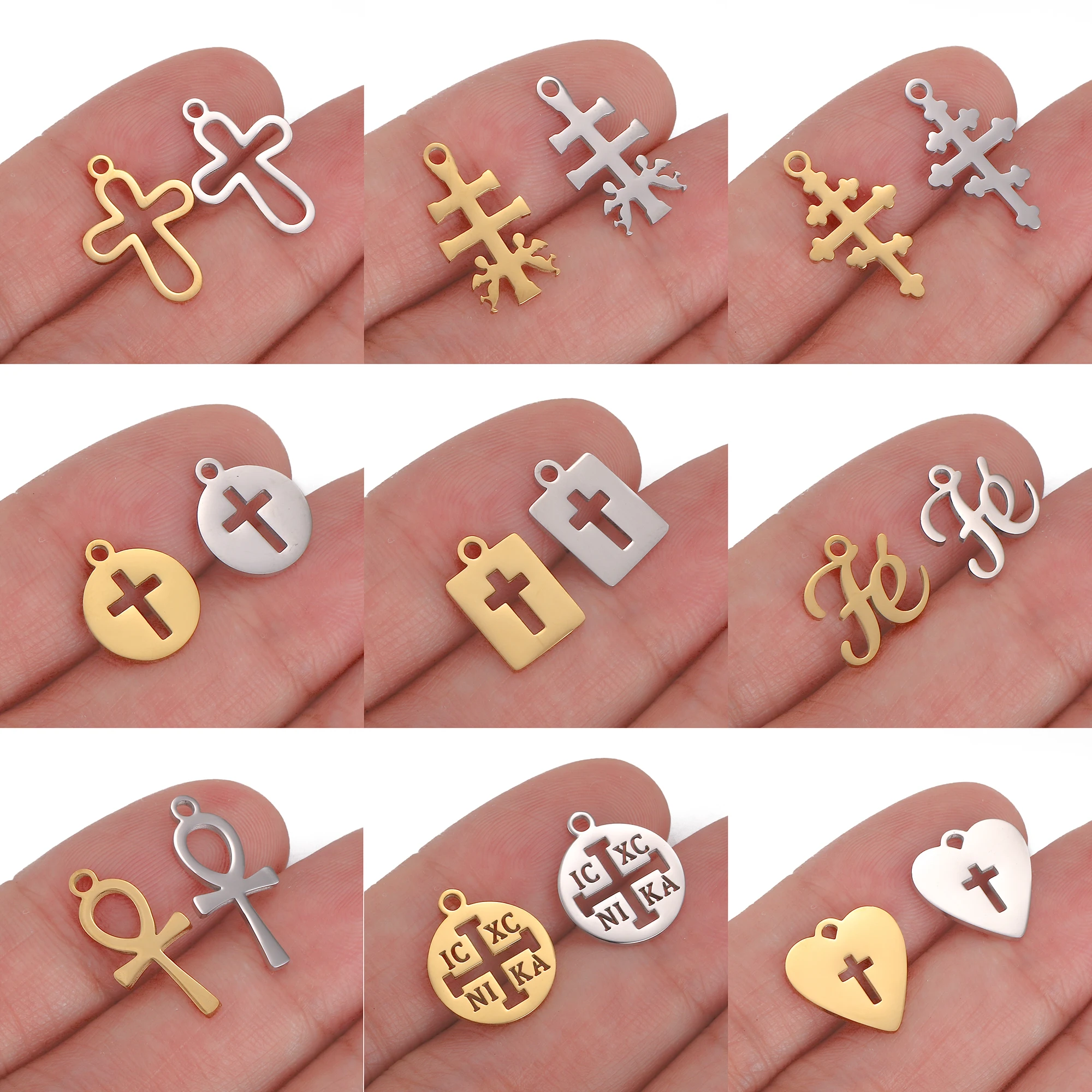 5Pcs Hollow Heart/Jesus Christ/IC XC NIKA Cross Stainless Steel Bracelet Earrings Necklace Pendants DIY Jewelry Making Accessory