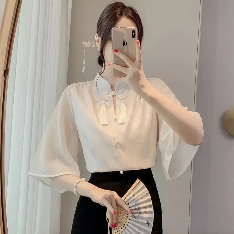 

New Chinese Style Vinegar Jacquard Short Sleeved Shirt Women's Summer Tassel Buttoned Small White Shirt Chiffon Top Women Shirts