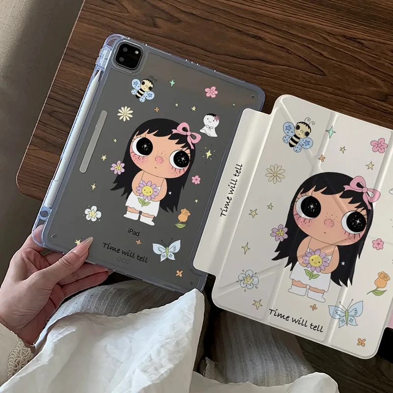 Girl Cartoon 3Y-Fold Tablet Case For iPad pro 10/11/2020/6th/7th /8th /Air 3rd/Air 4th/9th gen/Air 5th Air 11 Magnetic Buckle