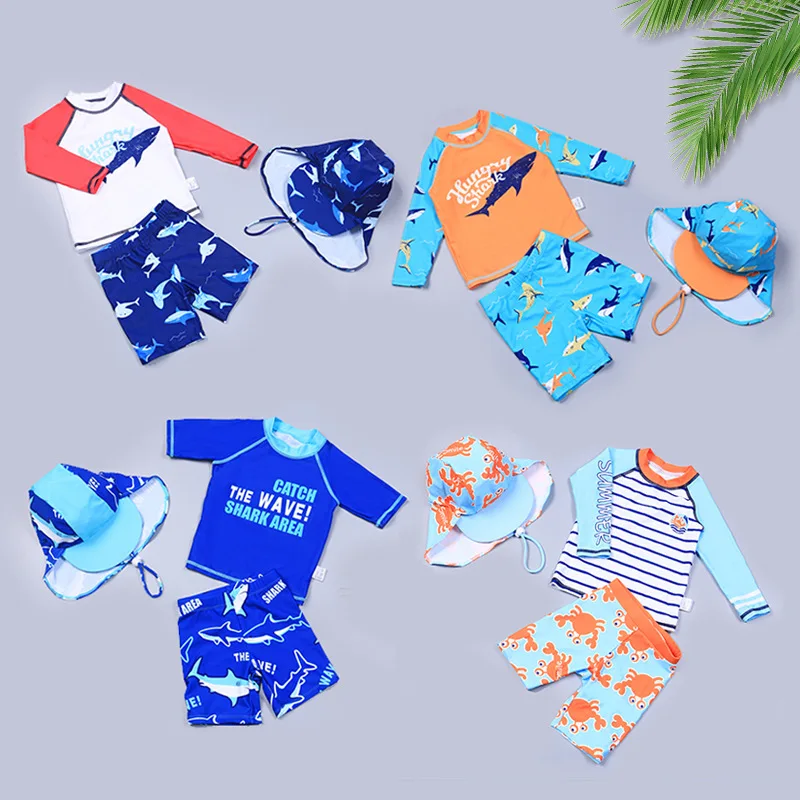 3 pcs Children Swimsuit Set Boys Quick-drying Long Short Sleeve Shark Pattern Drawstring Swimming Trunks Hat Split Bathing Suit