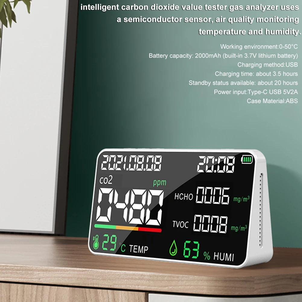 

Portable CO2 Detector Air Quality Monitor CO2 HCHO TVOC Tester USB Rechargeable Room Temperature Humidity Meter Gas Analyzers