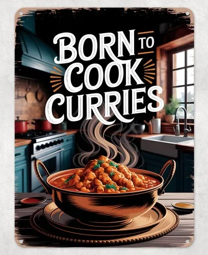 Born to Cook Curries Indian Metal Poster Wall Tin Sign Man Cave Shed Home Plaque --Tin Sign