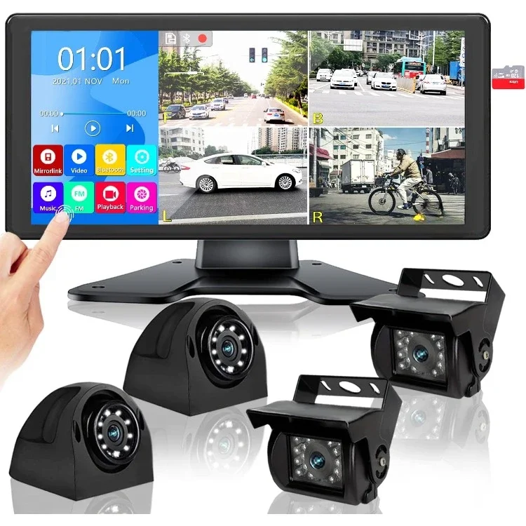 

Домашняя система резервной камеры автофургона с монитором 4K 10,36 дюйма для прицепа на колесах, грузовика, автобуса и 4 камерами заднего/бокового вида 1080P HD, 4 разъема