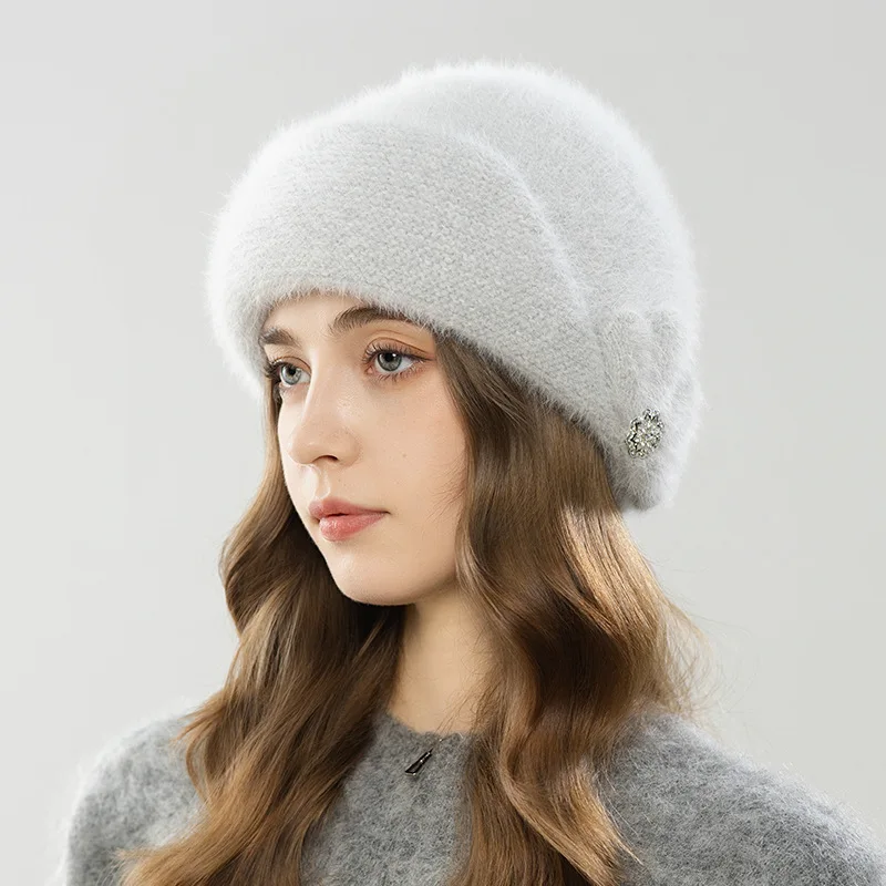

Hat Women Winter Angora Knit Beanie Rhinestone Double Layers Casual Warm Accessory For Autumn Outdoors Sports Cold Weather