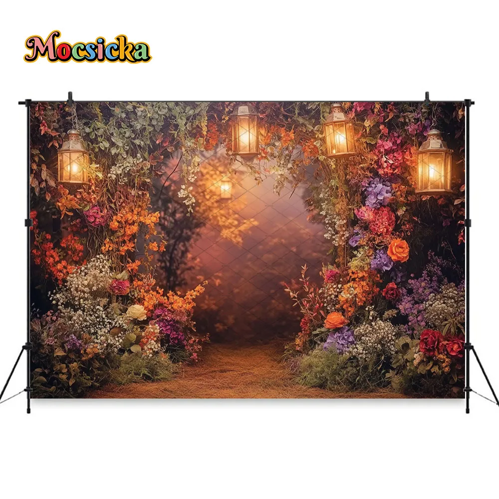 Mocsicka الملونة الأزهار الكرمة خلفية التصوير قوس فانوس الدافئة مضاءة رومانسية خلفية زوجين الزفاف صورة استوديو الدعامة #3