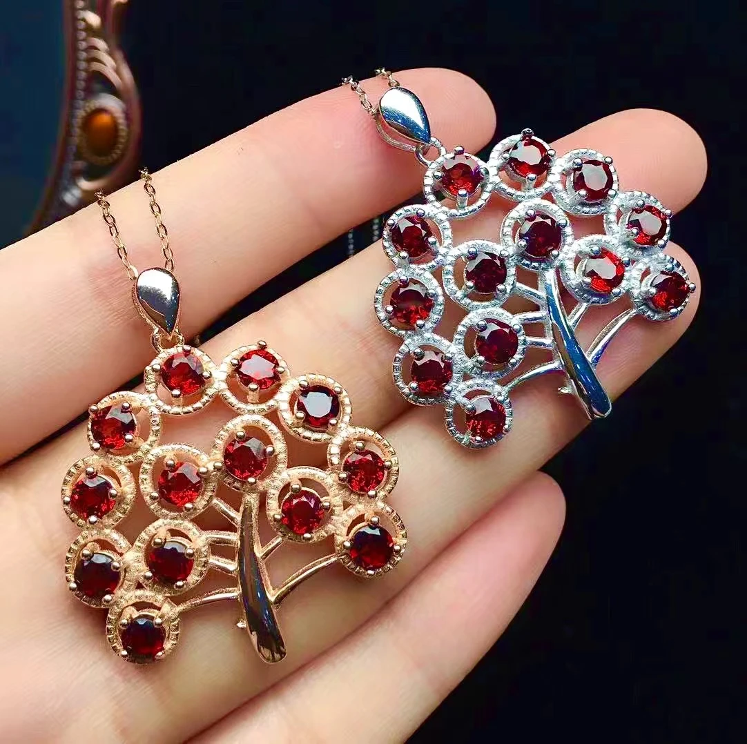 

Fashion Silver Tree Pendant for Party 100% Natural Garnet Necklace Pendant 925 Sterling Silver Garnet Jewelry Gift for Girl