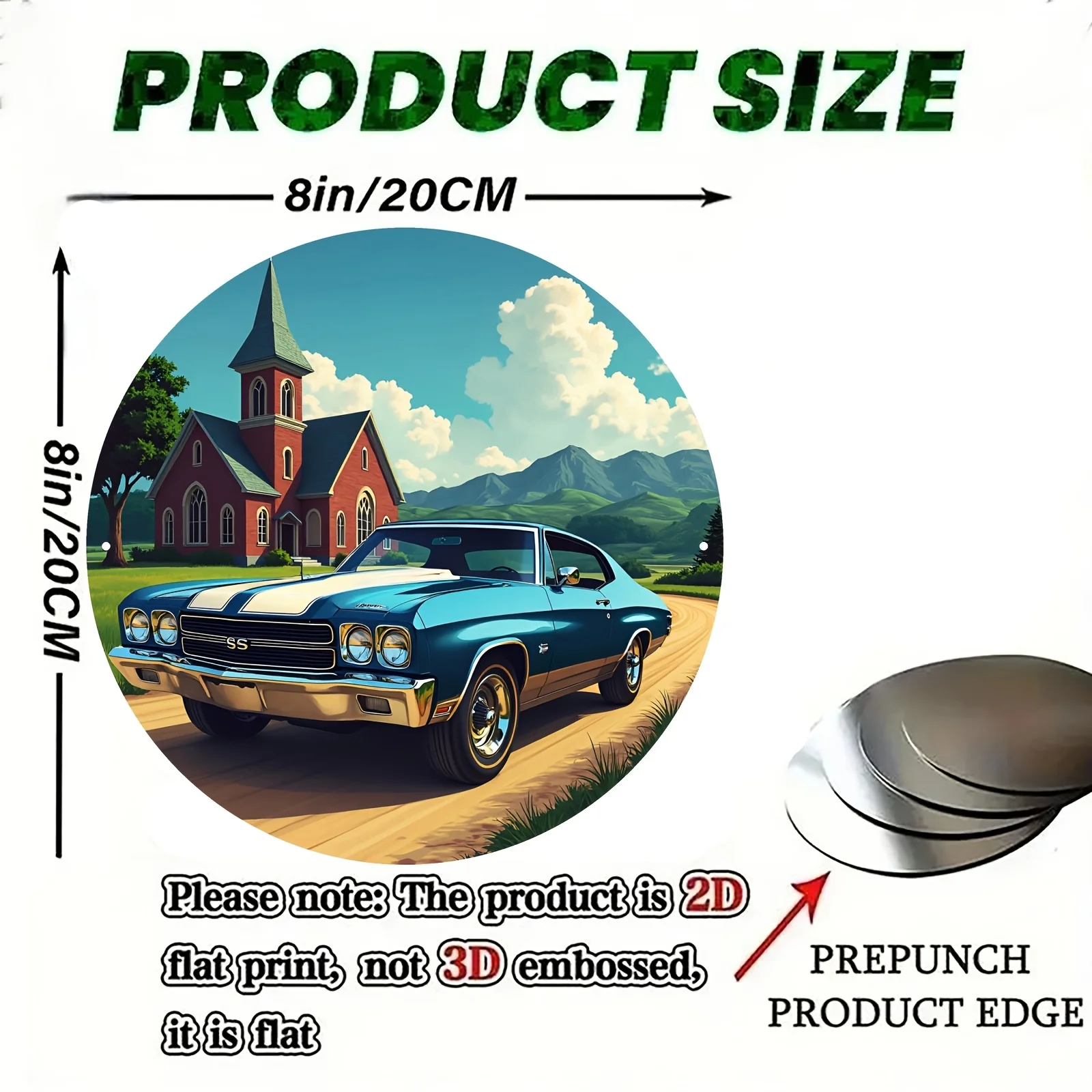 

Ретро-металлическая круглая табличка с изображением синего Chevrolet SS Muscle Car и горного пейзажа с деревенской церковью, 8 дюймов, 2D плоская печать, настенный декор, ностальгия